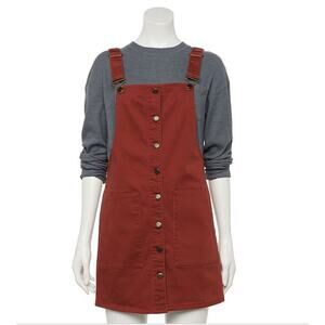 SO Rust Button Down Pinafore Dress Medium Cotton Blend Overall Jumper Skirt
